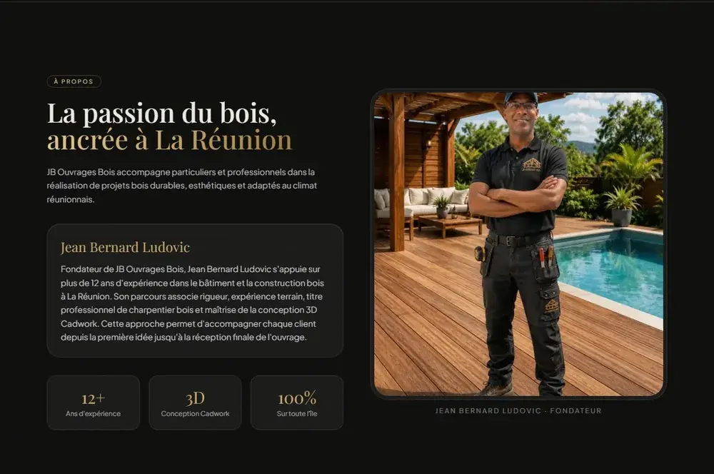Section À propos du fondateur sur le site JB Ouvrages Bois